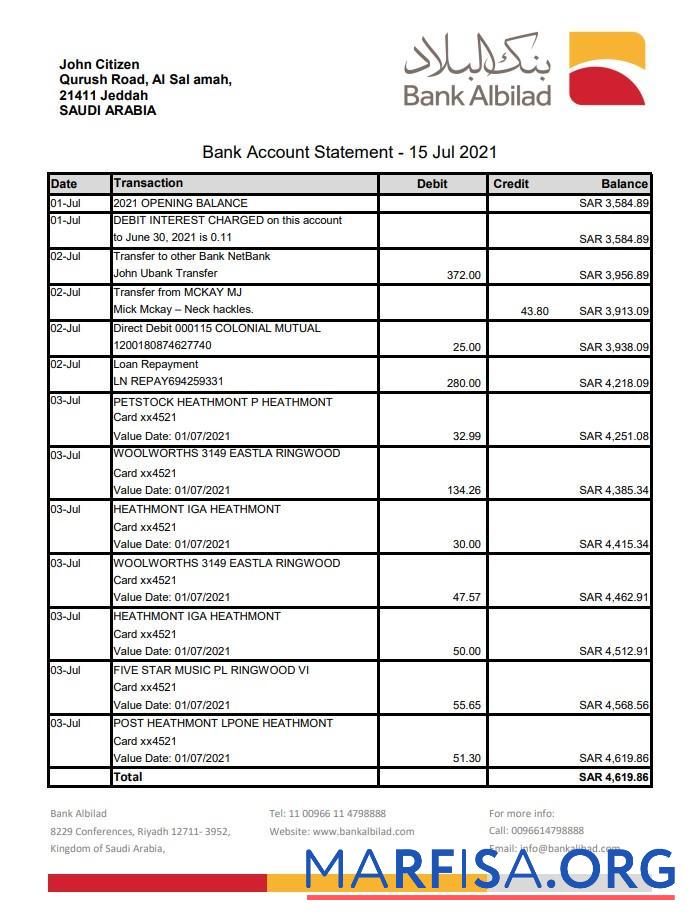 Downloadable Saudi Arabia Bank Albilad bank statement excel real example